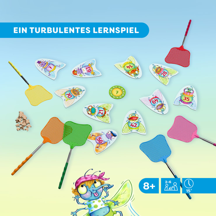 Ein Brettspiel mit bunten Fliegenklatschen aus Kunststoff, illustrierten Karten in Fliegenform mit Zahlen, einem kleinen Holzwürfel und einer Cartoon-Fliegenfigur. Laut Text ist das Spiel für 2-6 Spieler ab 8 Jahren geeignet.