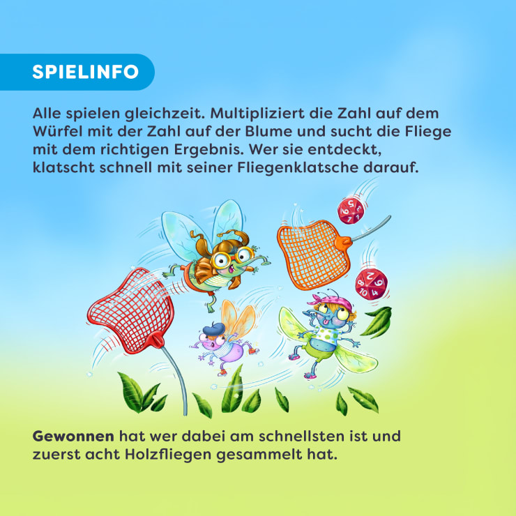 Illustration von drei Cartoon-Fliegen mit Brillen, die in der Nähe von roten Fliegenklatschen und Würfeln mit Zahlen fliegen. Grüne Blätter sind um sie herum verstreut. Die deutsche Spielanleitung wird oben in einem blauen Kasten mit der Überschrift SPIELINFO angezeigt.