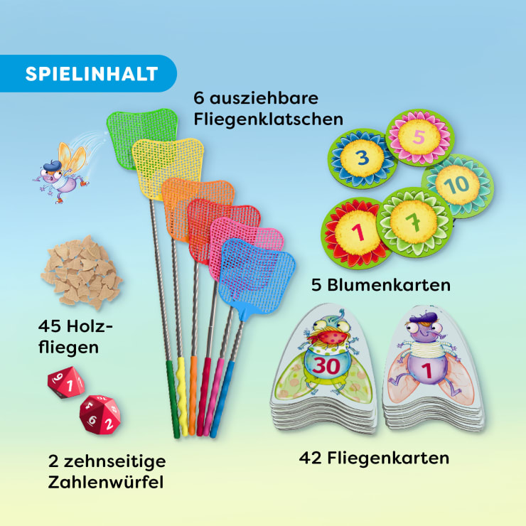 Die Abbildung zeigt den Inhalt eines Spiels: 6 ausziehbare Fliegenklatschen, 45 Holzfliegen, 2 zehnseitige Würfel, 5 Blumenkarten und 42 Fliegenkarten in Schmetterlingsform. Jeder Gegenstand ist ordentlich auf einem hellblauen Hintergrund angeordnet.