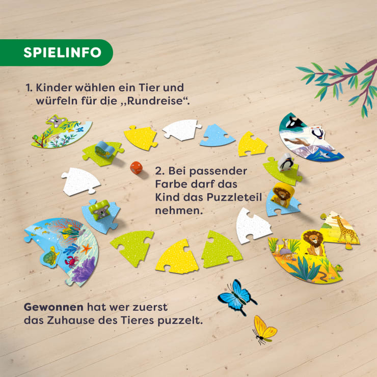 Ein Kinderbrettspiel wird auf einem Holzboden gezeigt. Puzzleteile mit Tier- und Naturillustrationen bilden einen Kreis. Ein deutscher Text beschreibt die Regeln für das Zuordnen der Farben und das Zusammensetzen der Tierhäuser.