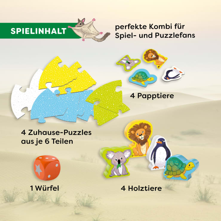 Das Bild zeigt Puzzleteile, vier Tierfiguren aus Pappe, vier Tierfiguren aus Holz und einen roten Würfel auf sandigem Hintergrund. Der deutsche Text beschreibt kurz den Spielinhalt für Spiele- und Rätselfans.