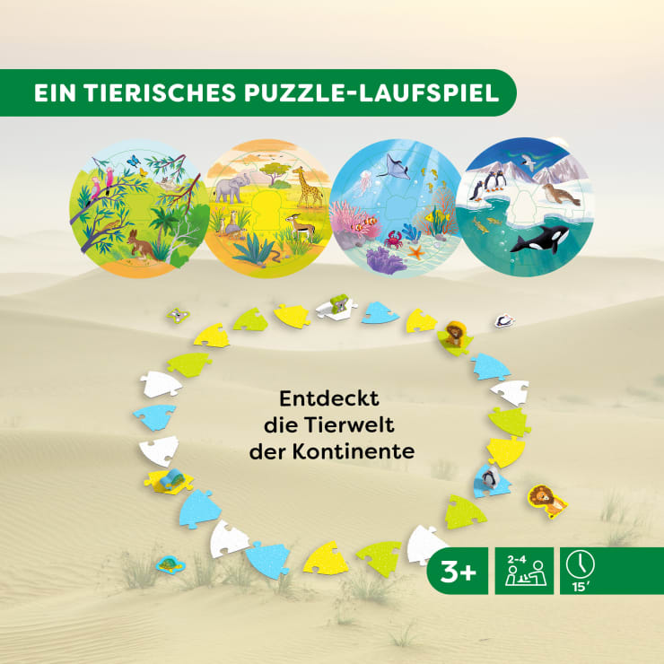 Gezeigt wird ein Brettspiel für Kinder ab 3 Jahren mit Tierpuzzles aus verschiedenen Kontinenten, runden Puzzlebrettern und farbigen Spielsteinen, die in einem Ring auf Sand angeordnet sind. Der Text ist auf Deutsch.
