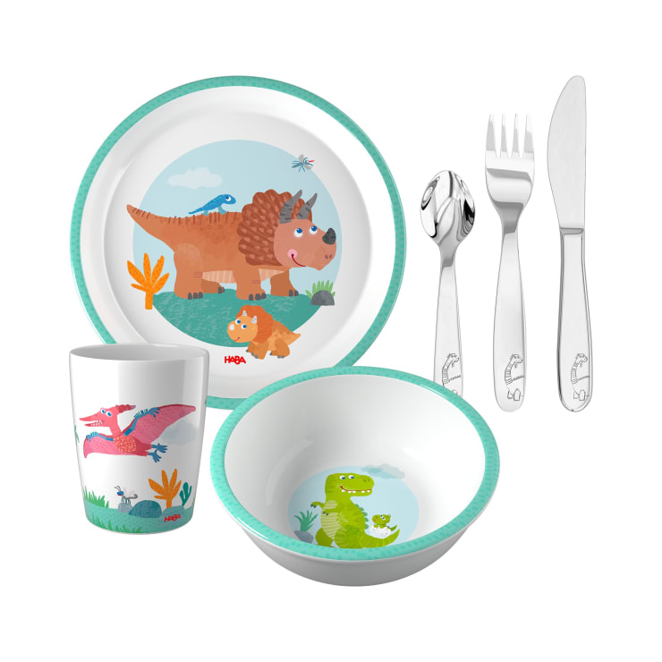 Kindergeschirr-Set Dino, Kindergeschirr mit Besteck, 6-teilig