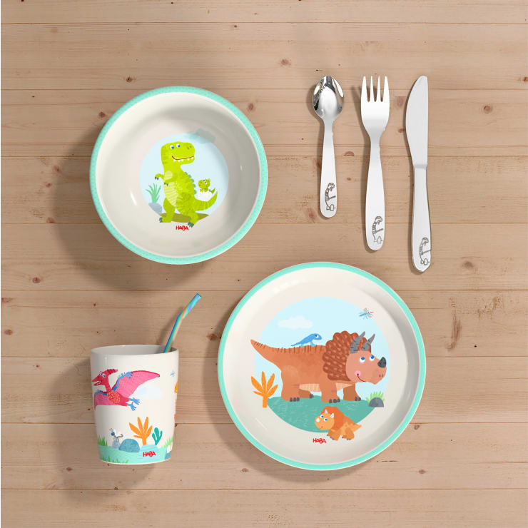 Kindergeschirr-Set Dino, Kindergeschirr mit Besteck, 6-teilig