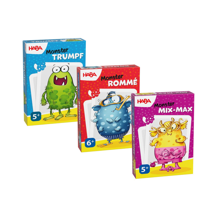 3er Set Kartenspiele, ab 5 Jahre – Monster Trumpf, Rommé, Mix-Max