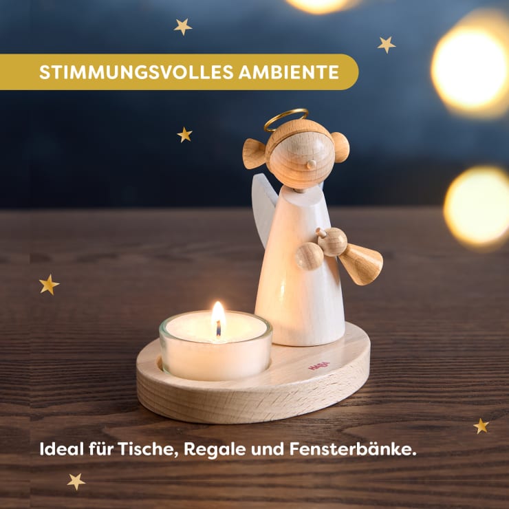 Engel mit Teelicht und Glöckchen, Holz