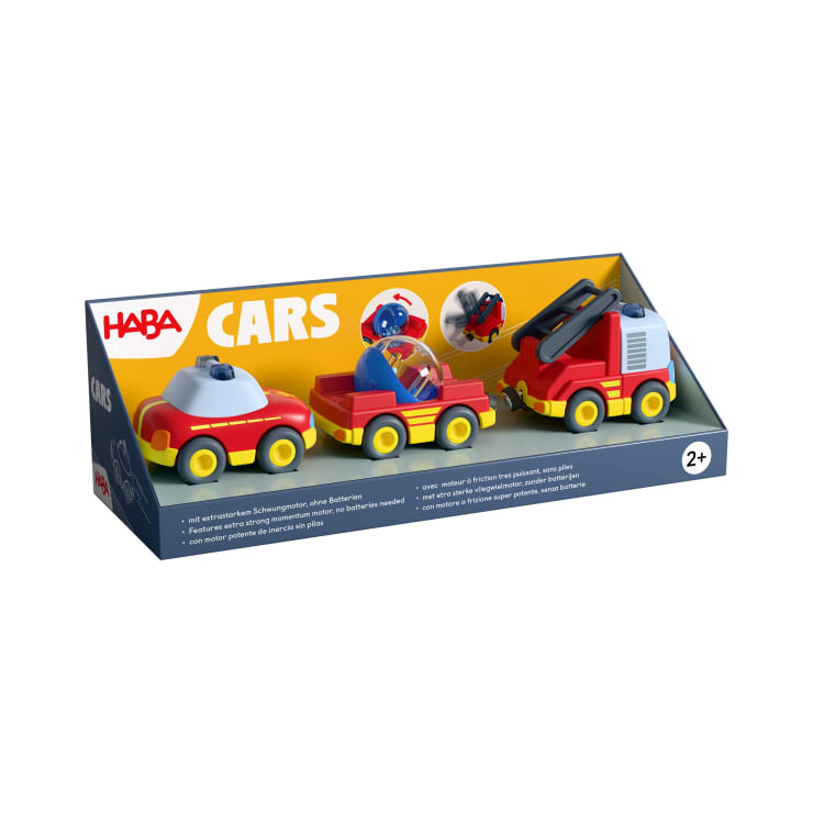HABA Cars Feuerwehr-Spielset, mit 2 Autos, Hänger und Wasser-Kugel