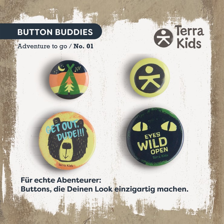 Terra Kids Ansteckbuttons für Kinder mit Abenteuermotiven, 4-er Set