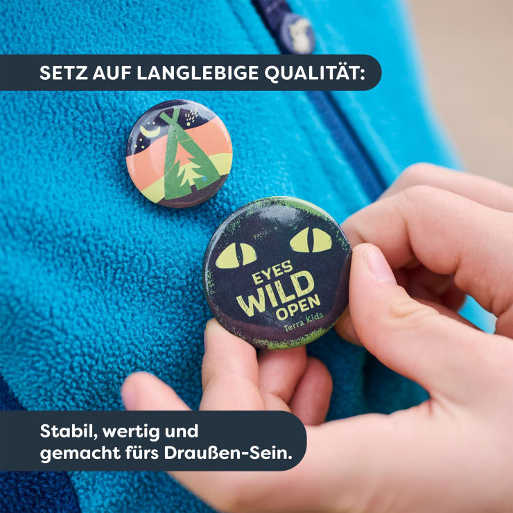 Terra Kids Ansteckbuttons für Kinder mit Abenteuermotiven, 4-er Set
