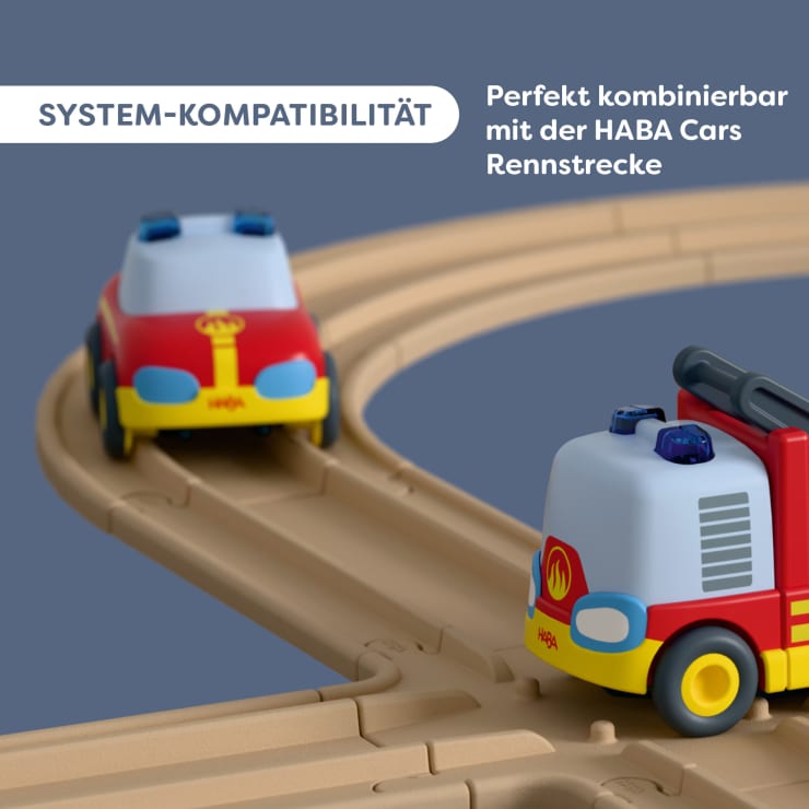 HABA Cars Feuerwehr-Spielset, mit 2 Autos, Hänger und Wasser-Kugel