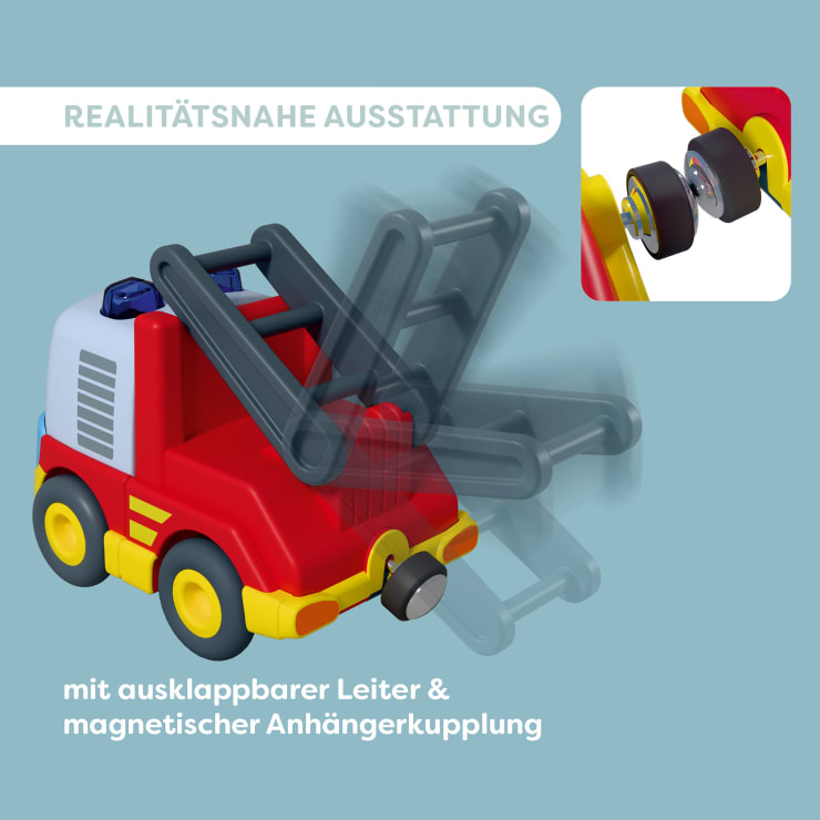 HABA Cars Feuerwehr-Spielset, mit 2 Autos, Hänger und Wasser-Kugel