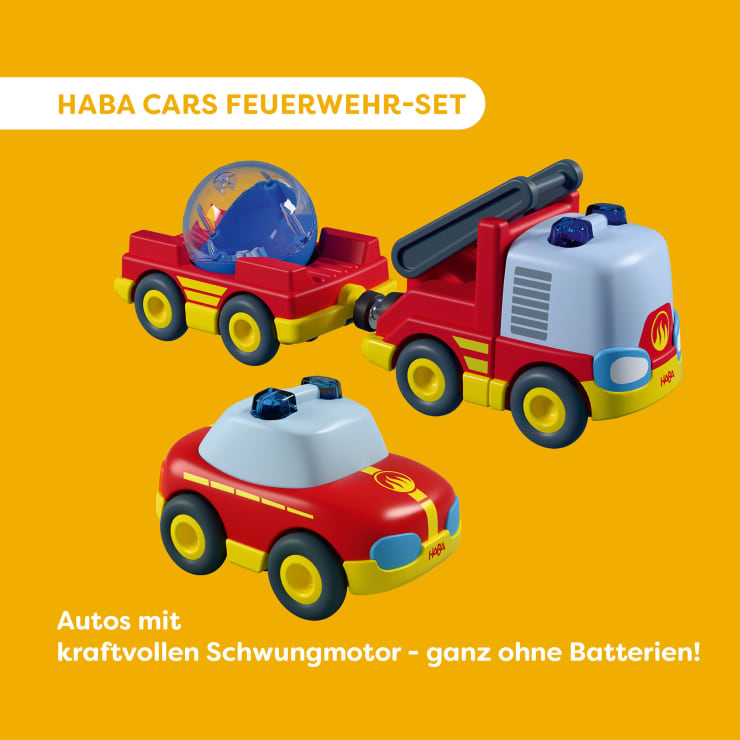 HABA Cars Feuerwehr-Spielset, mit 2 Autos, Hänger und Wasser-Kugel