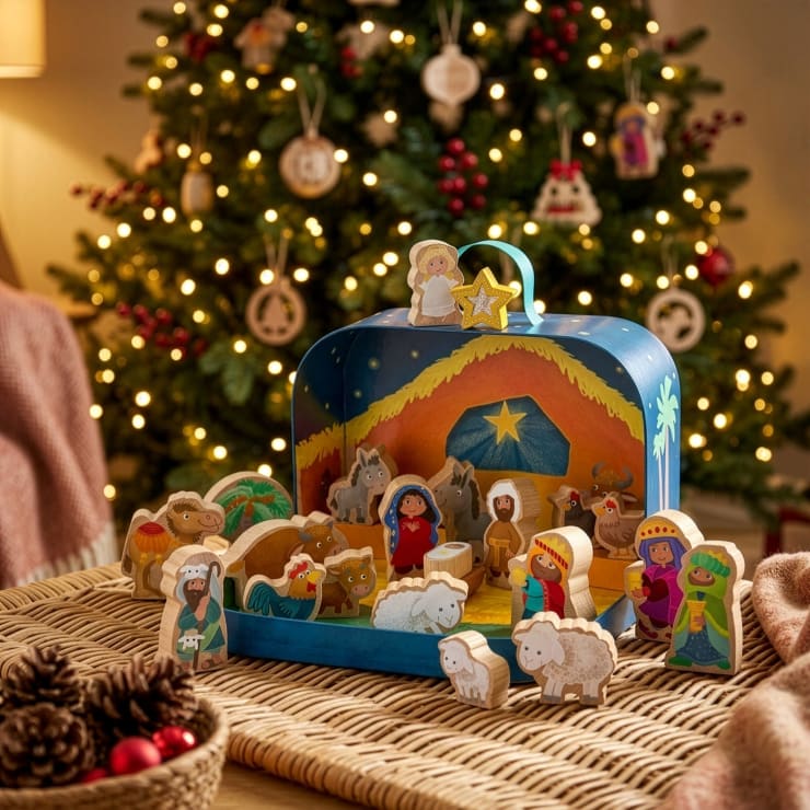 Spielkoffer, Weihnachtskrippe, mit 24 Holzfiguren, ab 18 Monaten