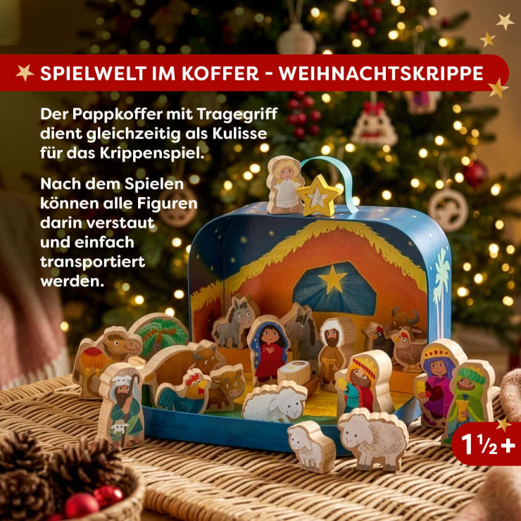 Spielkoffer, Weihnachtskrippe, mit 24 Holzfiguren, ab 18 Monaten