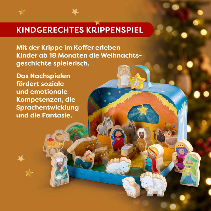 Spielkoffer, Weihnachtskrippe, mit 24 Holzfiguren, ab 18 Monaten
