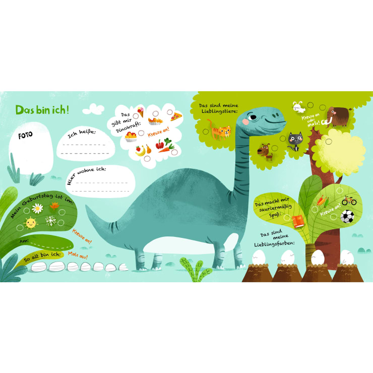 Eine farbenfrohe, illustrierte Seite für Kinder zeigt einen großen lächelnden Dinosaurier, Sprechblasen für persönliche Angaben, Tiere, Gemüse, Bäume und spielerische Symbole wie einen Fußball, eine Farbpalette und Musiknoten.