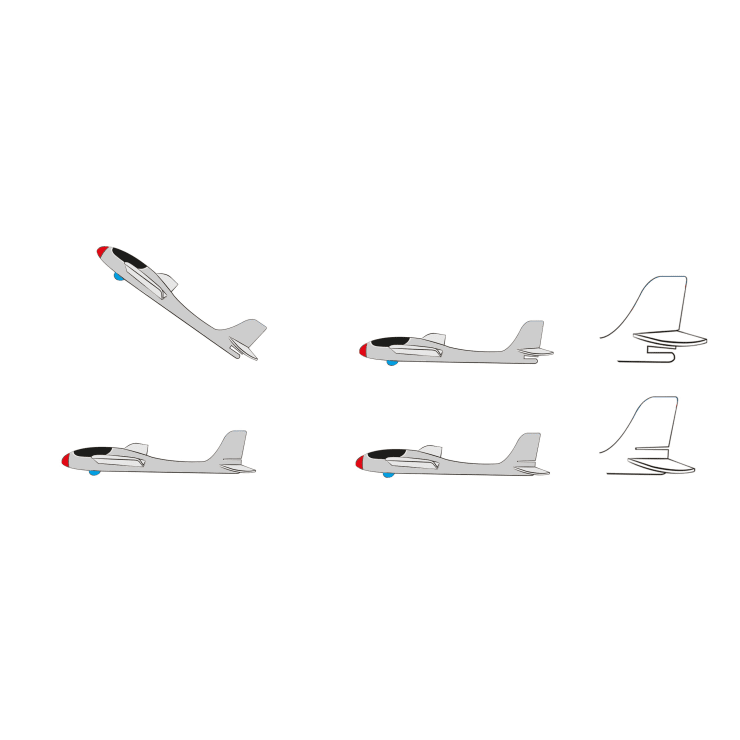 Vier graue Flugzeuge mit roten Nasen und blauen Rädern, jedes in verschiedenen Winkelpositionen, werden in einem 2x2-Gitter dargestellt. Rechts von jedem Flugzeug wird eine entsprechende schwarze und blaue Flugbahnkurve angezeigt.