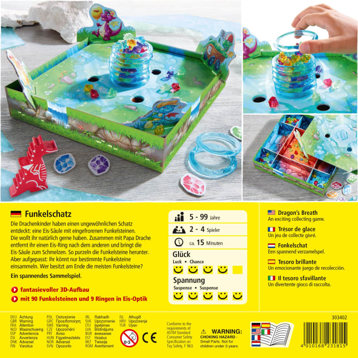 Ein Brettspiel namens Funkelschatz wird gezeigt. Die geöffnete Spielschachtel zeigt bunte Drachenfiguren, Ringe und Edelsteine. Zwei kleinere Bilder zeigen Hände, die das Spiel spielen, indem sie Ringe entfernen und Edelsteine sammeln.