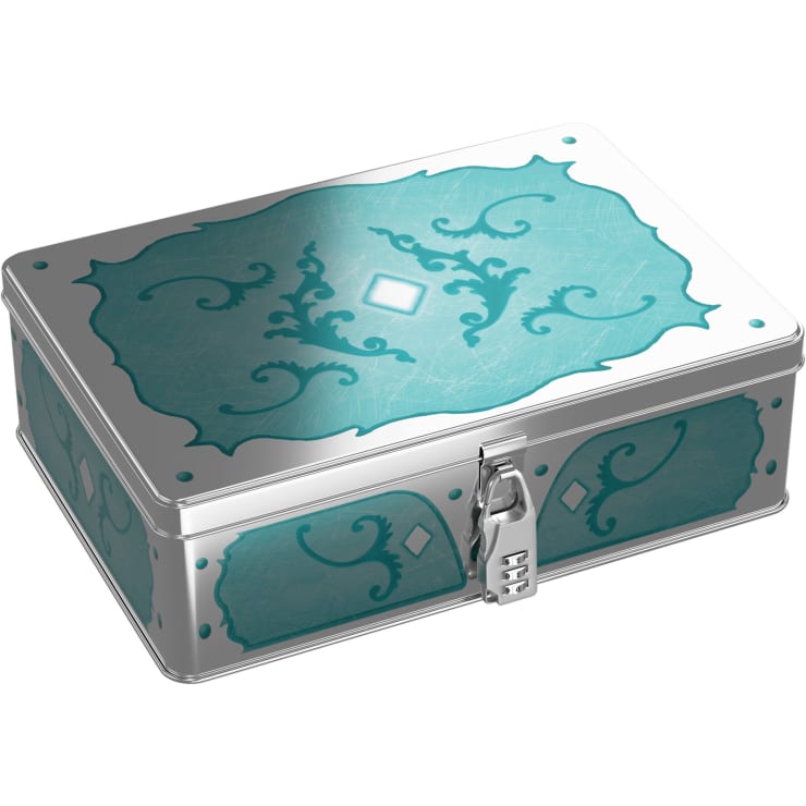 Eine rechteckige Metallschatulle mit Verschluss, verziert mit tealfarbenen Paneelen und verschnörkelten, wirbelnden Mustern. Auf dem Deckel und den Seiten sind rautenförmige Akzente in das Muster eingearbeitet. Die Dose hat eine reflektierende, leicht abgenutzte Oberfläche.