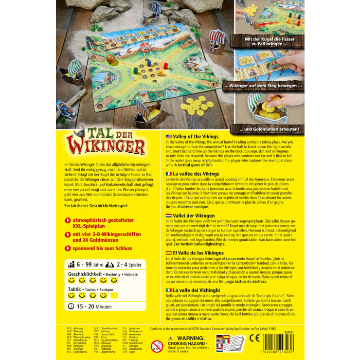 Die Rückseite der Schachtel des Brettspiels Tal der Wikinger zeigt den Inhalt des Spiels, eine Beschreibung in mehreren Sprachen, Symbole für Alter und Spieler sowie ein Foto des Spiels mit Spielsteinen, einem Spielbrett, Schiffsfiguren und Fässern.