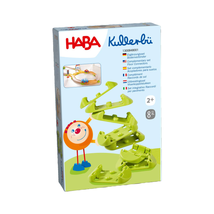 Schachtel des HABA Kullerbü-Spielzeugsets für Kinder ab 2 Jahren, 8-teilig, mit grünen Schienenstücken und einer Zeichentrickfigur auf der Vorderseite, mit mehrsprachiger Auflistung der Produktmerkmale.