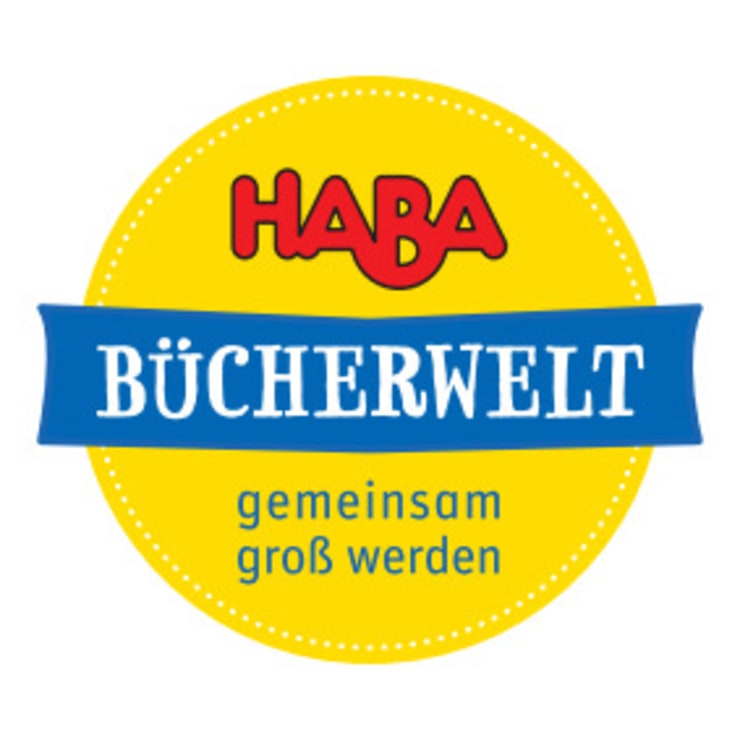 Ein kreisförmiges gelbes Logo mit einer roten HABA an der Spitze, ein blaues Banner mit dem weißen Text BÜCHERWELT in der Mitte und gemeinsam groß werden in Blau darunter.