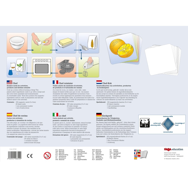 Die Rückseite der Spielschachtel zeigt illustrierte Schritte zum Backen von Maisbrot, mit beschrifteten Bildern der Zutaten, einer Kartenzuordnungsaufgabe und Spielbeschreibungen in fünf Sprachen. Gedächtnis- und Konzentrationsfähigkeiten werden hervorgehoben.