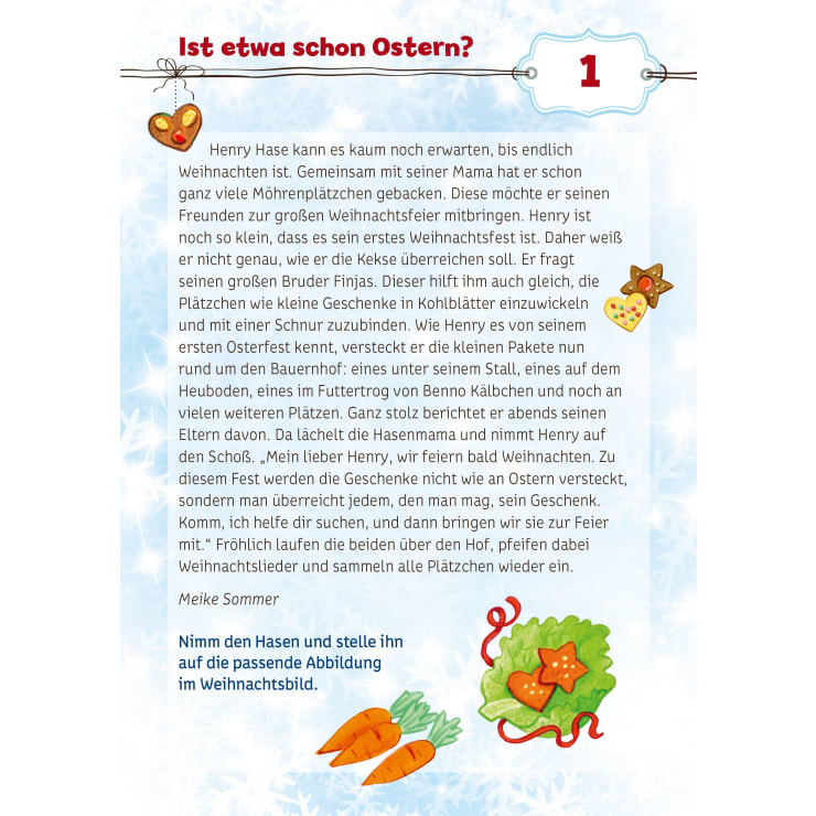 Eine farbenfrohe illustrierte Seite aus einem Kinderbuch mit deutschem Text, dekorativen Umrandungen zum Thema Ostern und Zeichnungen einer Blume, einer eingewickelten Süßigkeit, eines herzförmigen Kekses und einer Karotte.