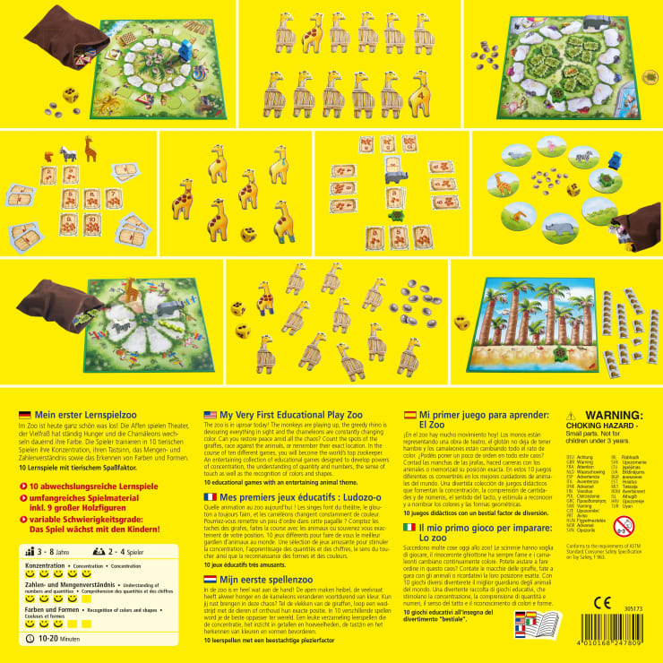 Ausgestellt ist ein Brettspielset mit Spielbrettern, Tier- und Tierpflegerfiguren, Karten, Spielsteinen und Taschen. Spielanweisungen in mehreren Sprachen und ein gelber Hintergrund sind sichtbar. Sicherheits- und Alterswarnungen werden unten rechts angezeigt.