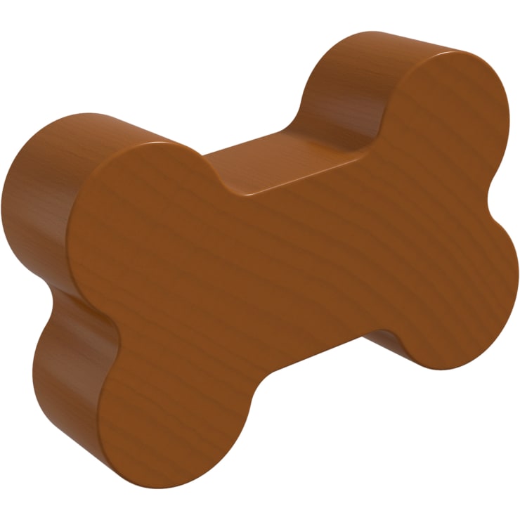 Ein Holzklotz in Form eines Hundeknochens, mit glatter Oberfläche und sichtbarer Holzmaserung.