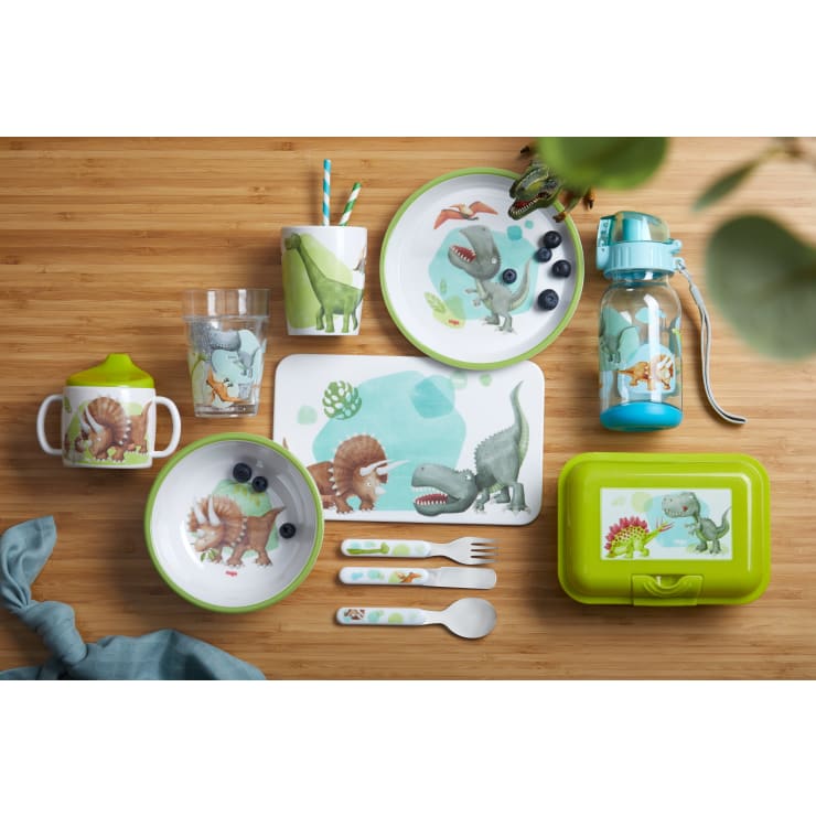 Kindergeschirr mit Dinosauriermotiven auf einer hölzernen Oberfläche, bestehend aus Tellern, Schüsseln, Utensilien, Tassen, einer Wasserflasche und einer Lunchbox mit Cartoon-Dinosaurier-Illustrationen. Auf einem Teller und in einer Schale befinden sich Blaubeeren.