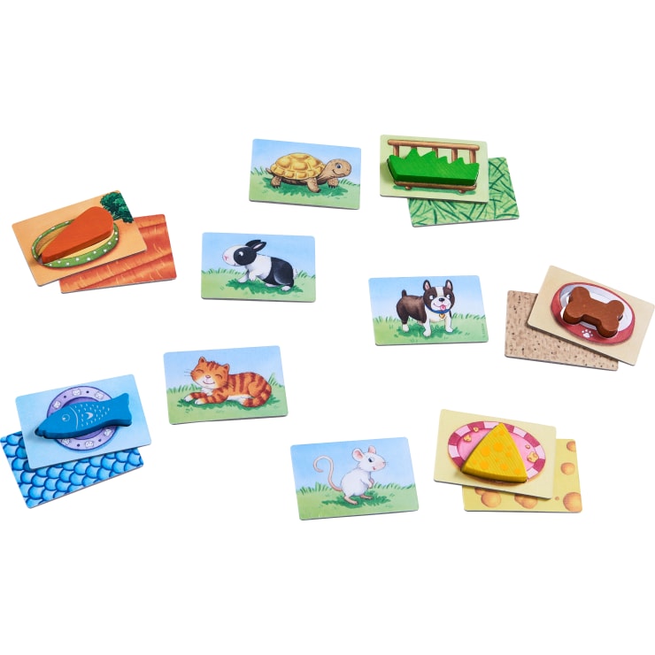 Zehn illustrierte Karten sind auf weißem Hintergrund angeordnet und zeigen jeweils ein Tier - Schildkröte, Kaninchen, Hund, Katze, Maus - oder ein Lebensmittel, darunter Karotte, Gras, Knochen, Käse und Fisch, wobei einige Lebensmittel auf passende Karten gelegt werden.