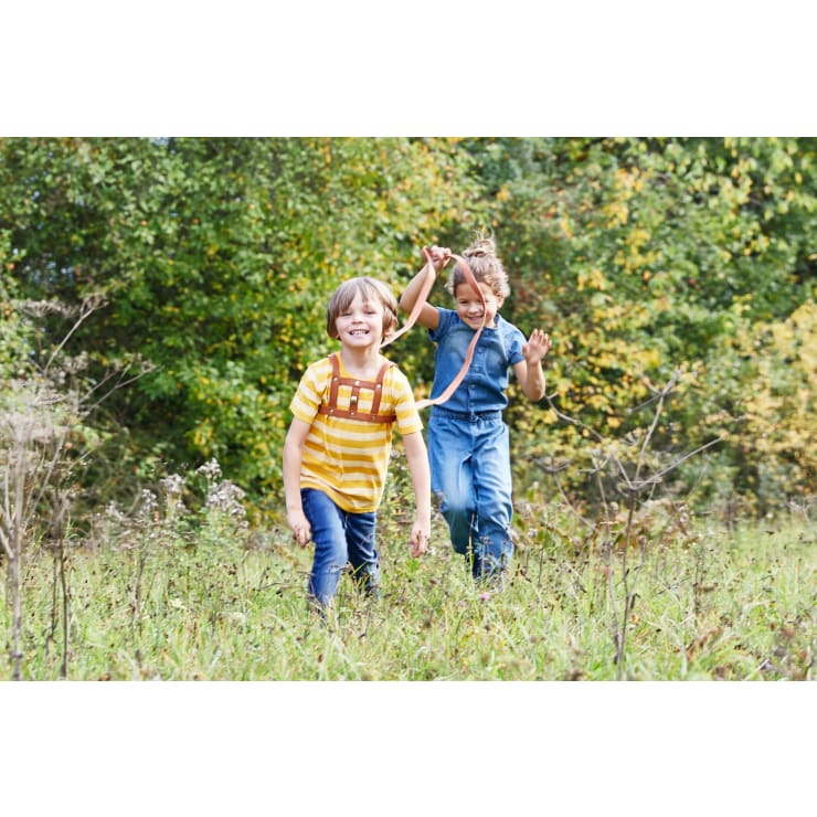 Zwei Kinder laufen durch hohes Gras auf einer Wiese. Das Kind vorne trägt ein gelb gestreiftes Hemd und einen Rucksack, während das Kind hinten, in einem blauen Overall, einen Stock in die Luft hält. Grüne Bäume füllen den Hintergrund.