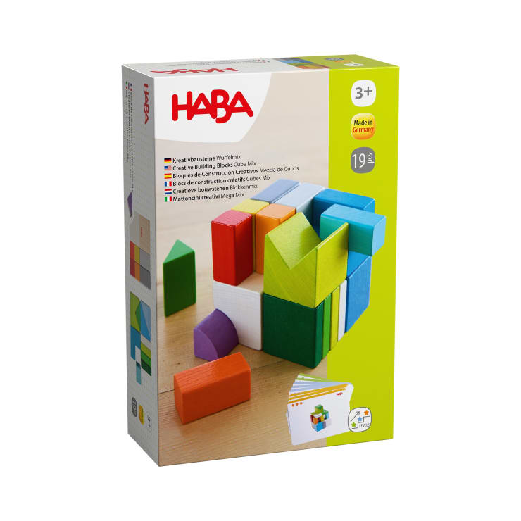 Eine Box mit kreativen HABA-Bausteinen für Kinder ab 3 Jahren. Die Verpackung zeigt bunte Holzklötze in verschiedenen Formen und Größen. Die Schachtel enthält 19 Teile und zeigt das HABA-Logo und Produktinformationen.