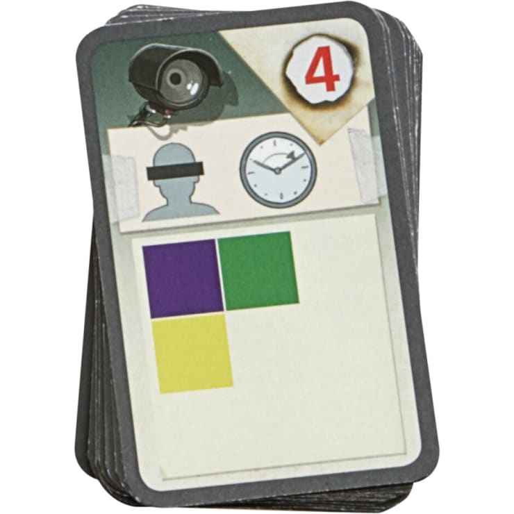 Ein Stapel Spielkarten, bei dem die oberste Karte eine Kamera, eine Person mit Augenbinde, eine Uhr, eine rote Zahl 4 und drei farbige Quadrate zeigt: lila, grün und gelb, die in einem Raster angeordnet sind.