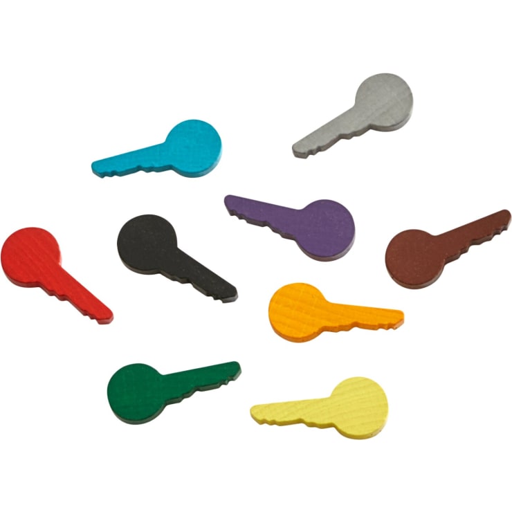 Neun flache, schlüsselförmige Spielsteine in verschiedenen Farben - blau, grau, rot, schwarz, lila, braun, grün, gelb und orange - sind auf einem weißen Hintergrund angeordnet.