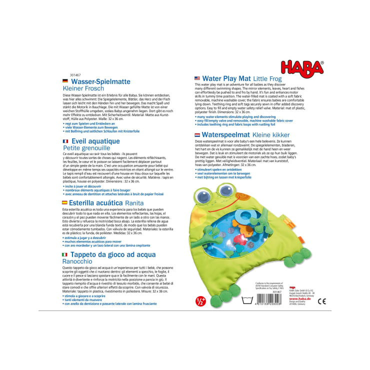 Produktverpackung für eine HABA-Wasserspielmatte namens Little Frog mit Produktbeschreibungen und Anleitungen in sechs Sprachen und einer Abbildung einer grünen, froschförmigen Spielmatte mit aufgesetzten Kunststoffelementen.