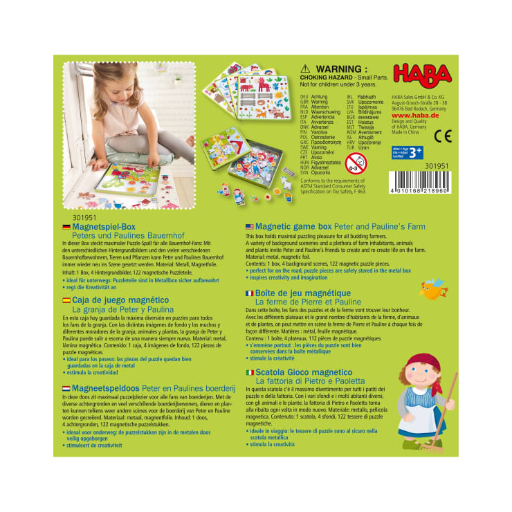 Rückseite einer HABA-Magnetspiel-Box mit Produktinformationen in mehreren Sprachen, Sicherheitshinweisen, Bildern der Spielkomponenten, einem spielenden Kind und bunten Illustrationen zum Thema Bauernhof.