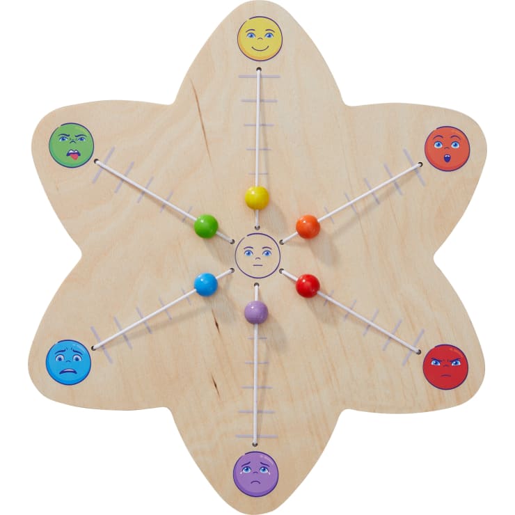 Ein Holzbrett in Form einer Blume zeigt verschiedene Gesichtsausdrücke und Farben an den Enden von sechs Armen, die jeweils mit einer Perle auf einer Schiene mit einem neutralen Gesicht in der Mitte verbunden sind.