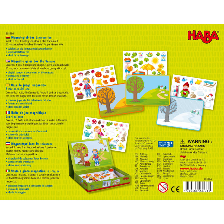 Das Bild zeigt die Rückseite einer HABA-Magnetspielschachtel mit Beschreibungen in mehreren Sprachen, Produktbildern von Magnetszenen und Spielsteinen, Sicherheitshinweisen, Altersempfehlungen und dem HABA-Logo in der rechten oberen Ecke.