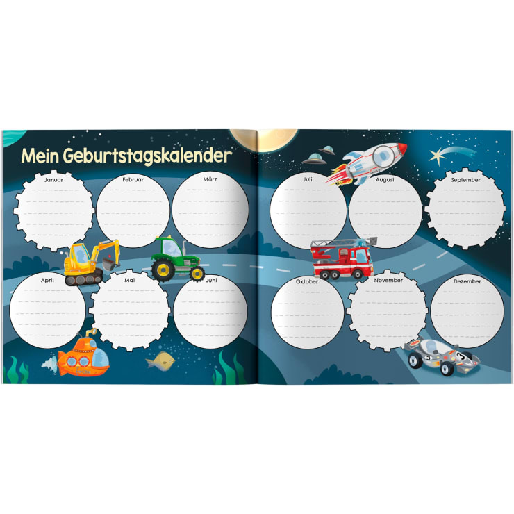 Ein deutscher Geburtstagskalender für jeden Monat, dargestellt als Kreise mit Platz zum Schreiben von Namen. Verziert mit Abbildungen von Fahrzeugen: Bagger, Traktor, U-Boot, Rakete, Feuerwehrauto, Rennwagen, Raumschiff und Unterwasserszene.