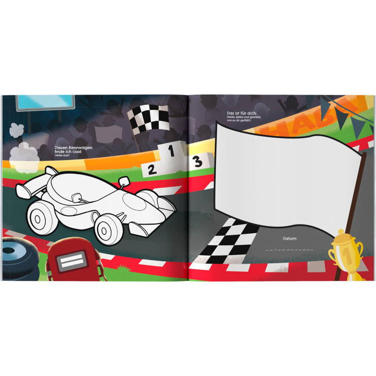 Das Bild zeigt einen Cartoon-Rennwagen auf einer bunten Rennstrecke. Auf der rechten Seite befindet sich eine große leere weiße Flagge für Text und ein Feld mit der Aufschrift "Datum". Eine Trophäe, Elemente der Rennstrecke und eine jubelnde Menge sind ebenfalls zu sehen.