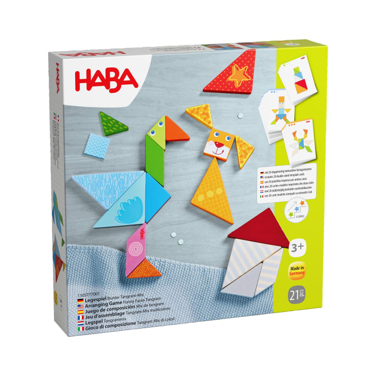 Eine Schachtel des HABA-Tangram-Spiels für Kinder ab 3 Jahren mit bunten geometrischen Formen, die auf der Vorderseite als Tiere angeordnet sind, mit Beispielkarten in der rechten oberen Ecke und mehrsprachigem Text auf der Seite.
