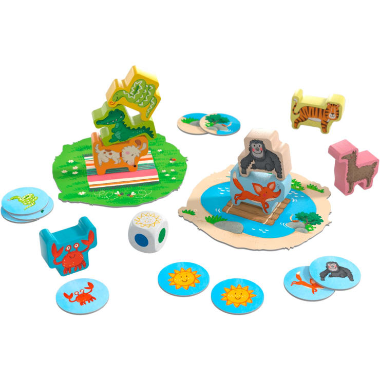 Ein Tierstapelspiel für Kinder mit Tierfiguren aus Holz, illustrierten Spielsteinen, einem Würfel und zwei illustrierten Spielbrettern mit Land- und Wasserszenen. Zu den Tieren gehören eine Krabbe, ein Lama, ein Hirsch, ein Gorilla, ein Tiger und Krokodile.