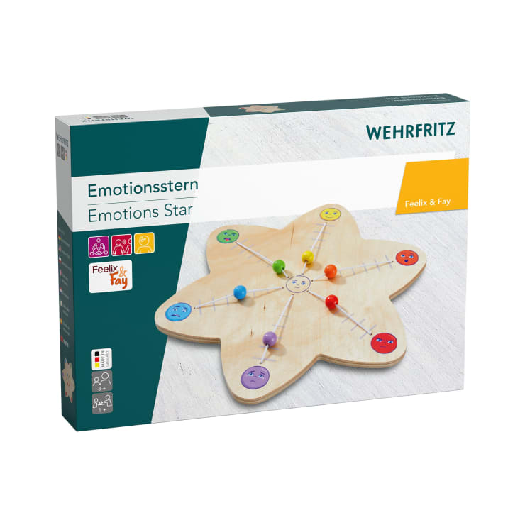 Eine Schachtel mit der Aufschrift HABA Pro Emotions Star mit einem sternförmigen Holzbrett mit farbigen Stiften und Gesichtern, die verschiedene Gefühle ausdrücken. Die Verpackung enthält Text in Deutsch und Englisch.