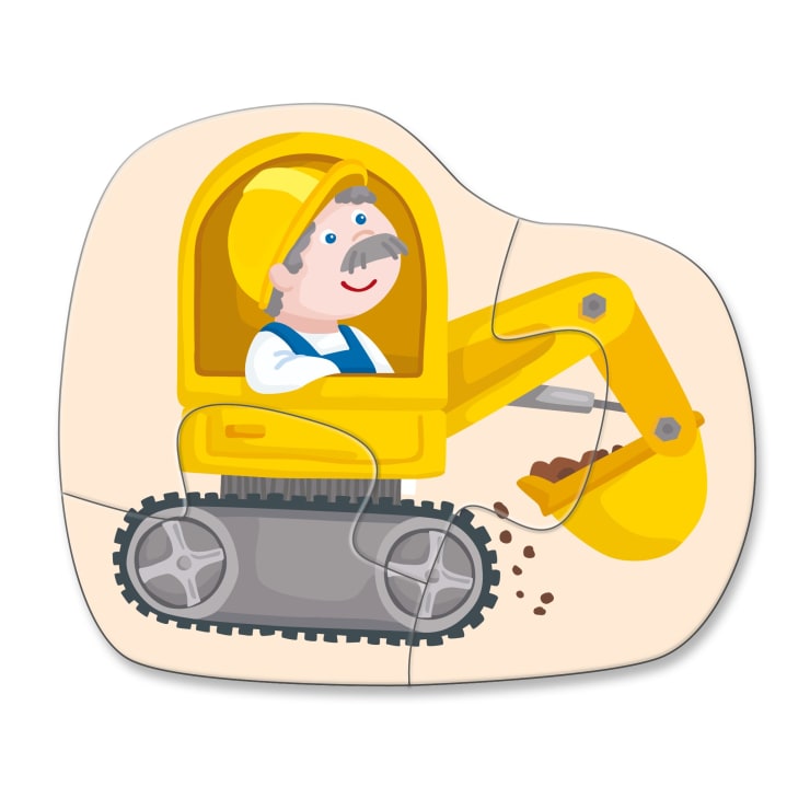 Ein Cartoon-Puzzleteil, das einen Mann mit einem gelben Schutzhelm zeigt, der einen gelben Bagger bedient und mit der Schaufel der Maschine Erde schaufelt.