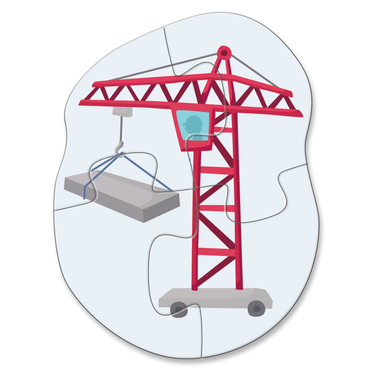 Illustration eines roten Baukrans, der eine Betonplatte anhebt, mit einer Person in der Fahrerkabine. Das Bild ist wie ein Puzzle mit vier ineinander greifenden Teilen gestaltet.
