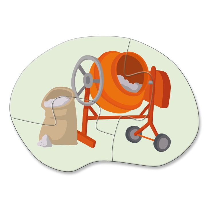 Eine Illustration eines Zementmischers neben einem Sack Zement, beide gezeichnet auf ineinandergreifenden Puzzleteilen in Form eines menschlichen Gehirns auf hellgrünem Hintergrund.