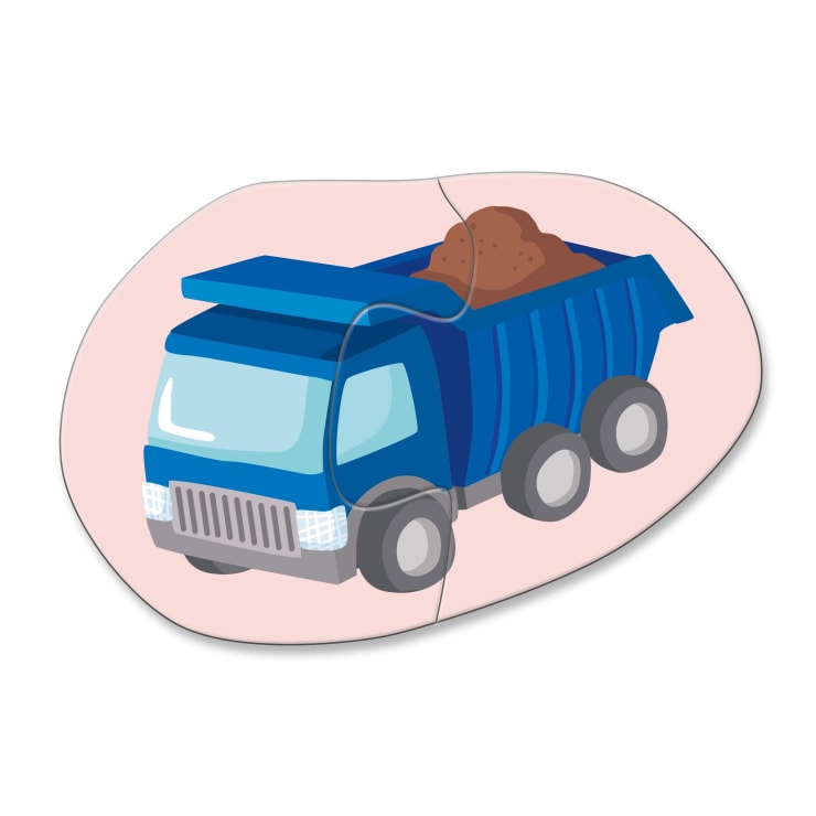 Illustration eines blauen Kipplasters, der einen Haufen Erde transportiert, dargestellt auf einem Puzzleteil mit zwei ineinander greifenden Teilen und einem rosa Hintergrund.