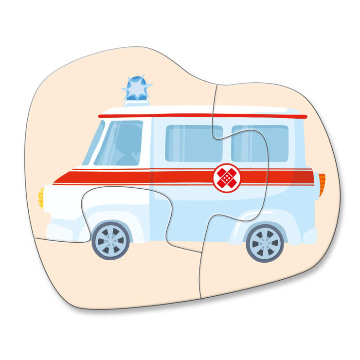 Illustration eines Krankenwagens auf einem vierteiligen Puzzle. Der Krankenwagen hat einen roten Streifen, ein blaues Notlicht auf der Oberseite und ein medizinisches Kreuzsymbol an der Seite.